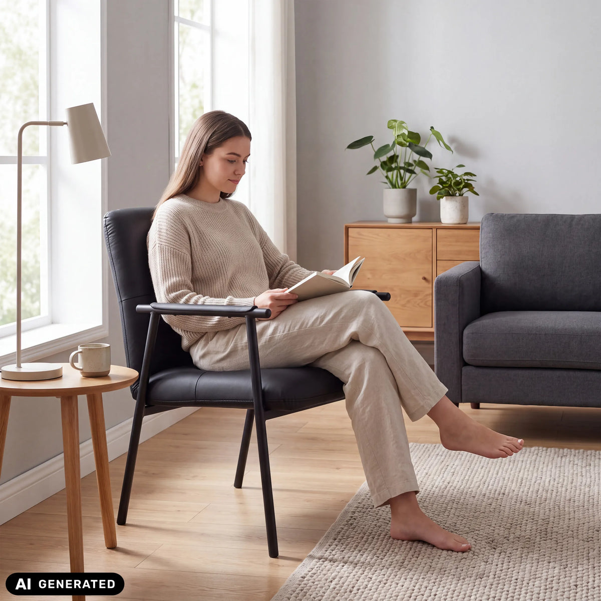 Musta pehmustettu tuoli Lifea Flex keinonahasta käsinojilla, valmistaja hjh LIVING (tekoälyllä luotu kuva)
