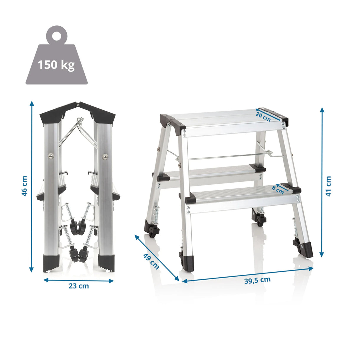 Taitettavat tikkaat SOLID VI mittoineen, korkeus 41 cm ja kantavuus 150 kg, valmistaja hjh OFFICE