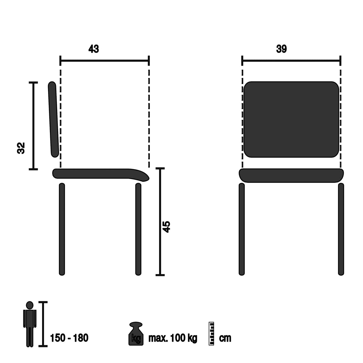 Nelijalkaisen tuolin SCANDI E tekninen piirustus, istumakorkeus 45 cm, valmistaja hjh LIVING