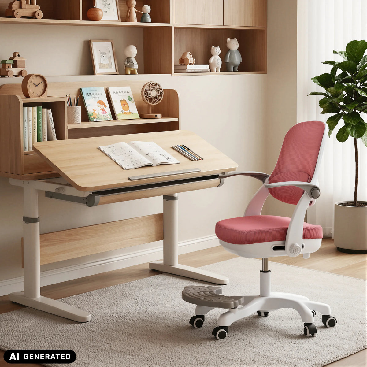 Vaaleanpunainen lasten pyörivä tuoli Kiddy Smart Step korkeussäädettävän työpöydän ääressä, valmistaja hjh OFFICE (tekoälyllä luotu kuva)