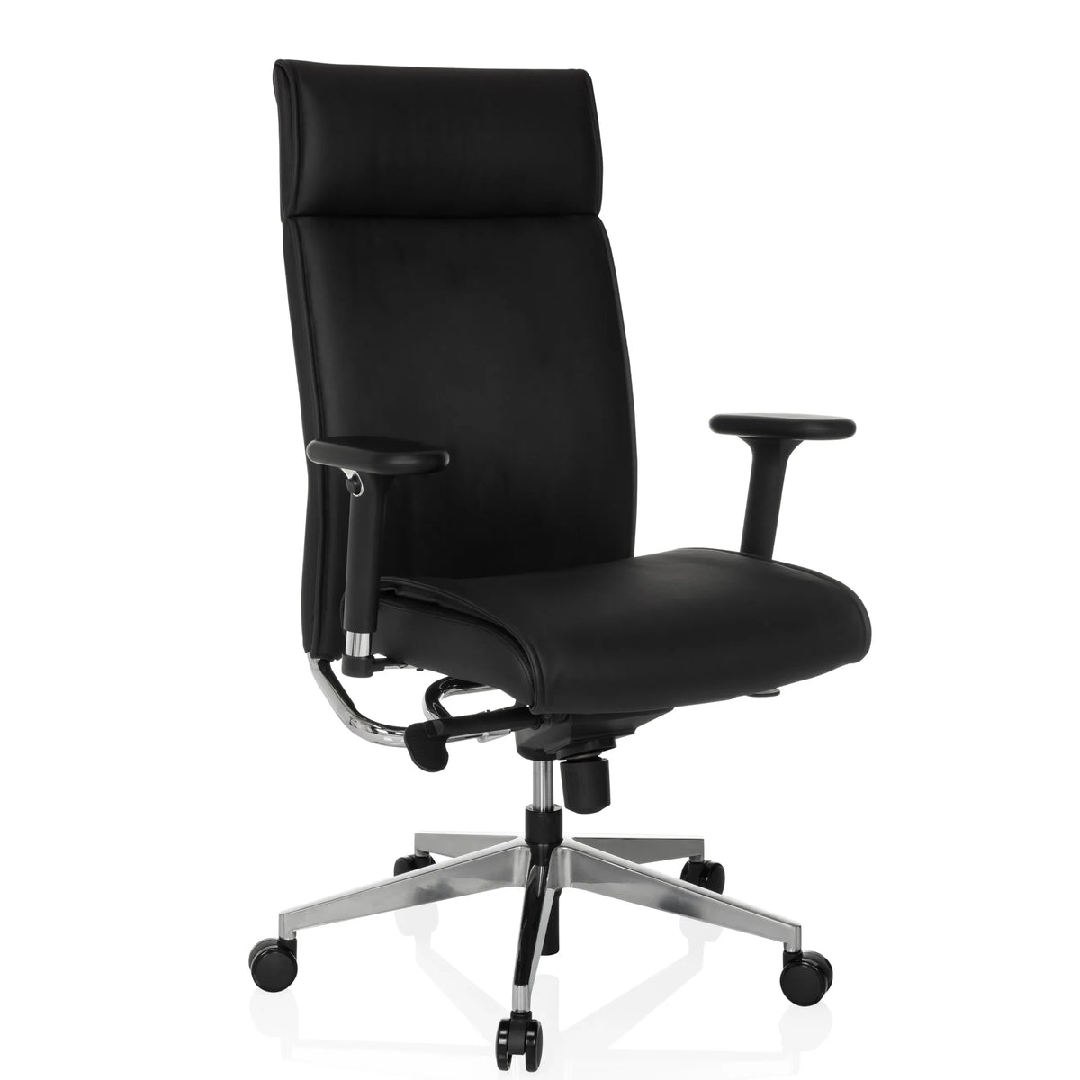 Ammattitason toimistotuoli CURYO mustana kiiltävällä metallijalkajalustalla ja pehmustetuilla käsinojilla, valmistaja hjh OFFICE