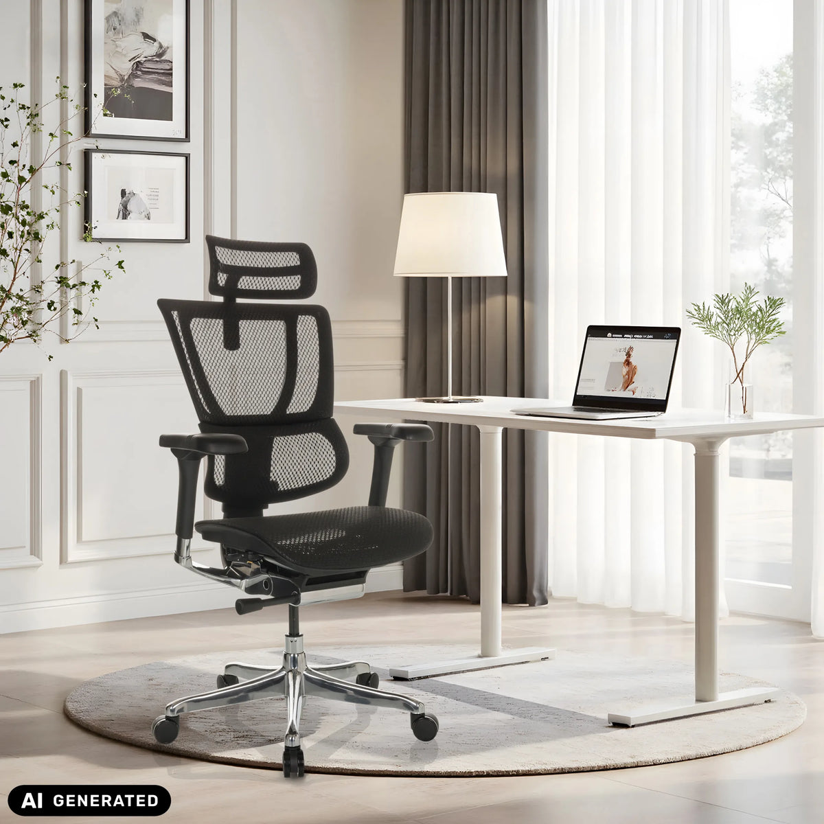 Luksustoimistotuoli ERGOHUMAN SLIM GEN2 verkkoselkätuella värissä musta työpöydän edessä, valmistaja hjh OFFICE (tekoälyllä luotu kuva)