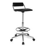 Schwarzer Drehhocker TOP WORK 28 mit Fußring und Fußkreuz mit fünf Rollen von hjh OFFICE – 360-Grad-Ansicht (schräge Frontansicht 40°)