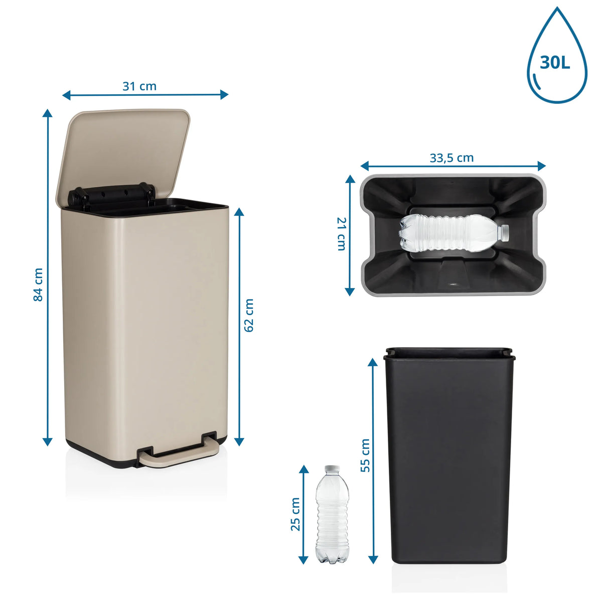 Roskakori CLEAN BEVA mittapiirros, tilavuus 30 l ja korkeus 84 cm, valmistaja hjh OFFICE