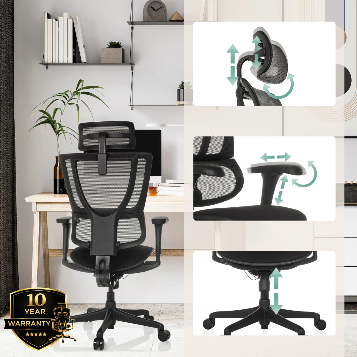 Luksustoimistotuoli ERGOHUMAN SLIM ECO F GEN2 säädettävällä niskatuella ja käsinojilla, valmistaja hjh OFFICE (tekoälyllä luotu kuva)