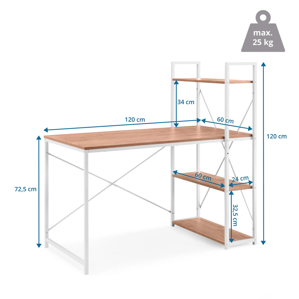 Kirjoituspöydän Easy Up3 mittapiirros, mitat 120 × 60 cm ja kokonaiskorkeus 120 cm, valmistaja hjh LIVING