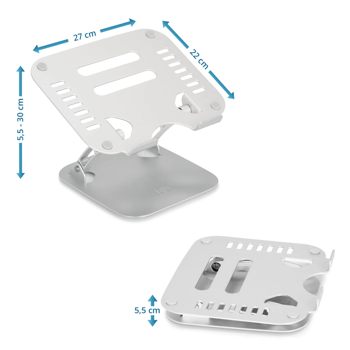 Kannettavan tietokoneen alusta LAPTOP STAND mitat 27 × 22 cm ja korkeus 5,5–30 cm, valmistaja hjh OFFICE
