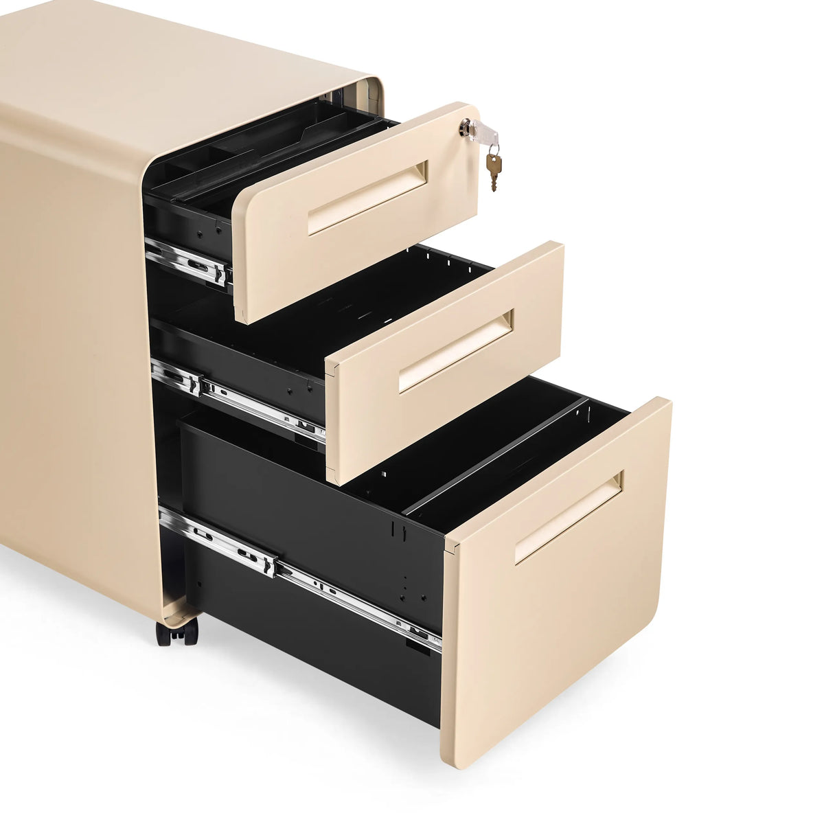 Beigen metallisen rullalaatikoston COLOR PLUS I avoimet laatikot ja lukko, valmistaja hjh OFFICE