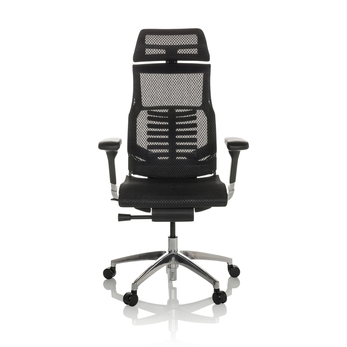 Musta High End -toimistotuoli POFIT GEN2 verkkoselkänojan ja viisipisteisen rullanjalustan kanssa, valmistaja hjh OFFICE – 360 asteen näkymä (etunäkymä 0°)