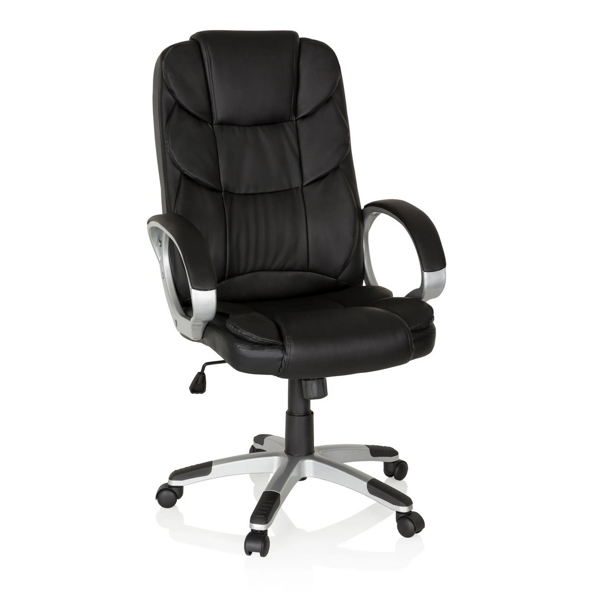 Musta Home Office -toimistotuoli RELAX BY155 käsinojilla ja viisipyöräisellä jalustalla, valmistaja MyBuero – 360 asteen näkymä (etunäkymä 20°)