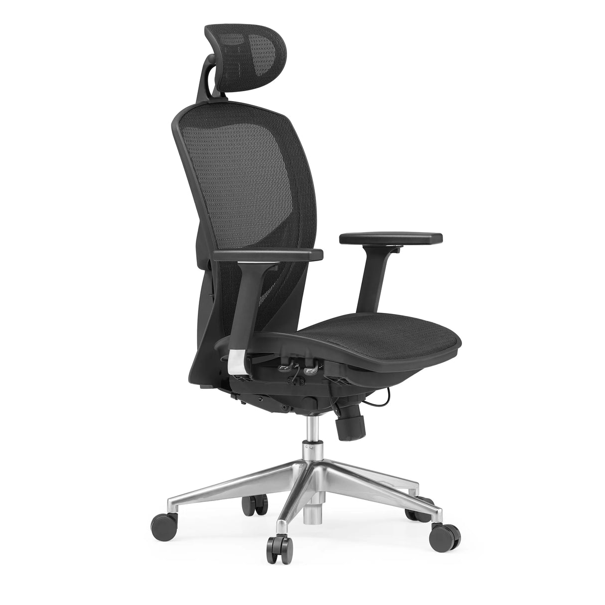 Musta High End -toimistotuoli VENUS ONE verkkoselkänojalla ja viisijalkaisella rullajalustalla, valmistaja hjh OFFICE – 360 asteen näkymä (etuviistonäkymä 60°)