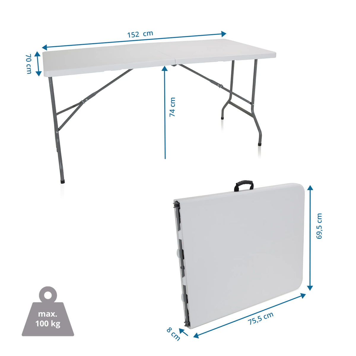 Taittopöytä EASY UP MULTI II mittoineen 152 × 70 cm ja kantavuudella 100 kg, valmistaja hjh OFFICE