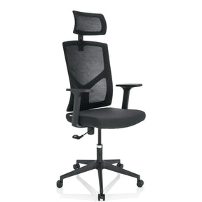 Home Office -toimistotuoli BRETON B, jossa on musta verkkokangas ja niskatuki, valmistaja hjh OFFICE