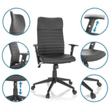 Musta Home Office -toimistotuoli ARTON 30, jossa on yksityiskohtaiset kuvat korkeussäädöstä ja pyöristä, valmistaja hjh OFFICE