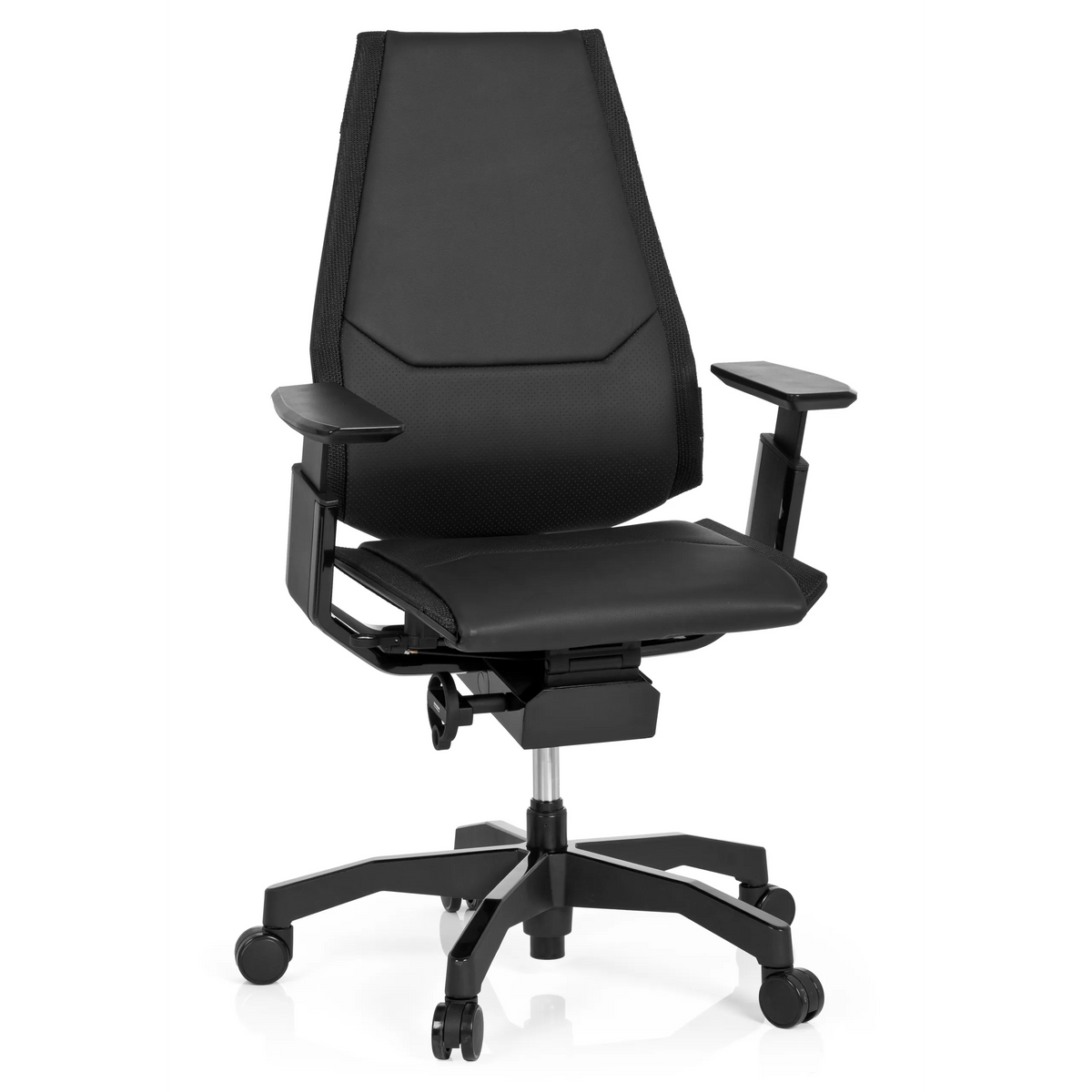 Musta High End -toimistotuoli GENIDIA BLACK nahasta, jossa on käsinojat ja viisipolvinen rullajalka, valmistaja hjh OFFICE – 360 asteen näkymä (etunäkymä 20°)