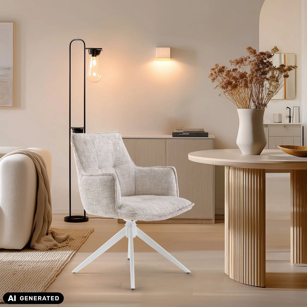 Beige Tavaro ruokasalin tuoli, jossa on valkoinen tähtijalka, valmistaja hjh LIVING (tekoälyllä luotu kuva)