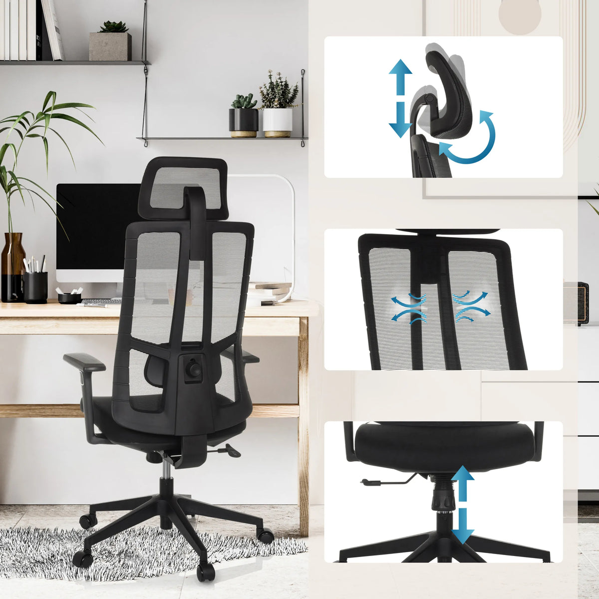 Säädettävä niskatuki, hengittävä selkänoja ja korkeussäätö ammattitason toimistotuolissa TRAMORE, valmistaja hjh OFFICE