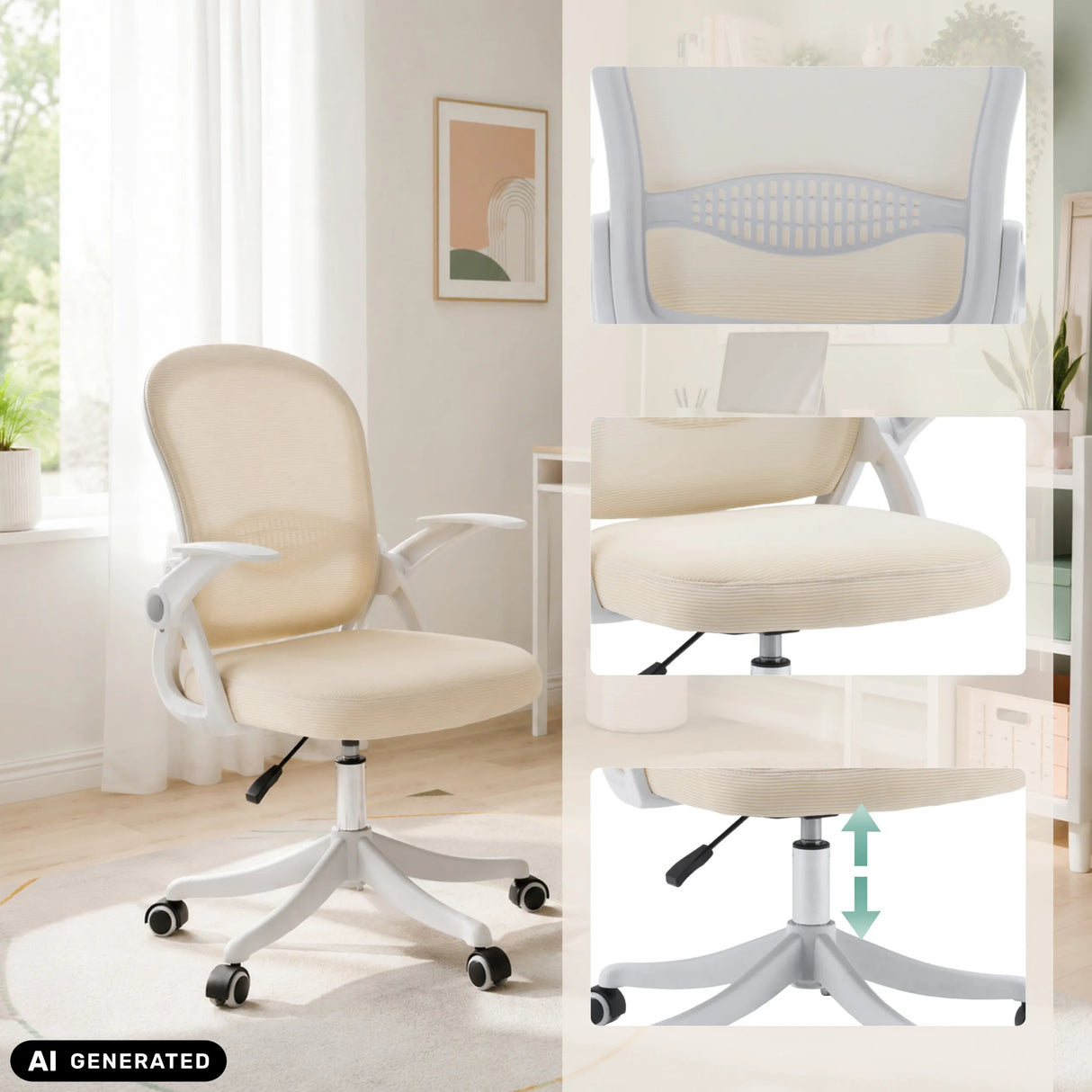 Beige Naluro Home Office -toimistotuoli, jossa on selkänojan yksityiskohta ja korkeussäätö, valmistaja hjh OFFICE (tekoälyllä luotu kuva)
