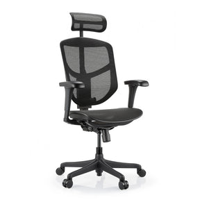 Musta Enjoy Eco MB -toimistotuoli, jossa on verkkoverhoilu, niskatuki ja säädettävät käsinojat, valmistaja hjh OFFICE