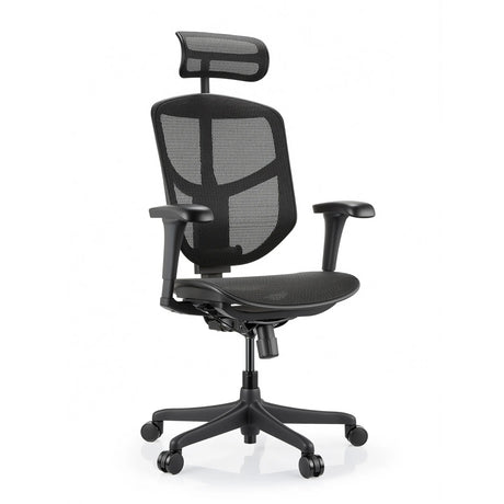 Musta Enjoy Eco MB -toimistotuoli, jossa on verkkoverhoilu, niskatuki ja säädettävät käsinojat, valmistaja hjh OFFICE
