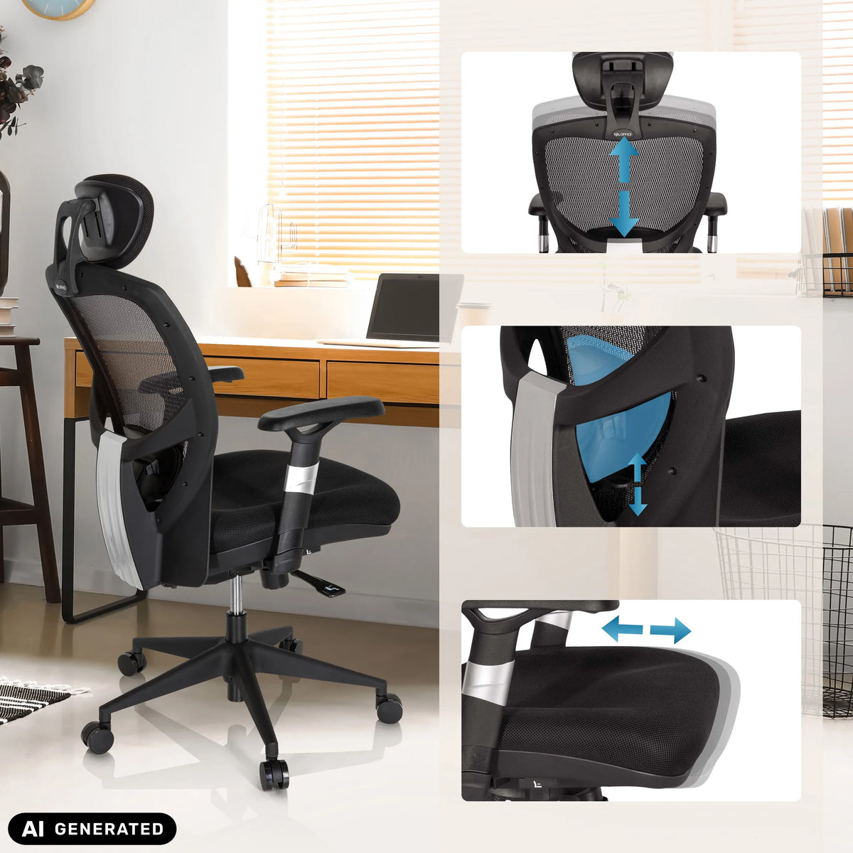 High End -toimistotuolin VENUS BASE säädettävä niskatuki, alaselkätuki ja istuin, valmistaja hjh OFFICE (tekoälyllä luotu kuva)