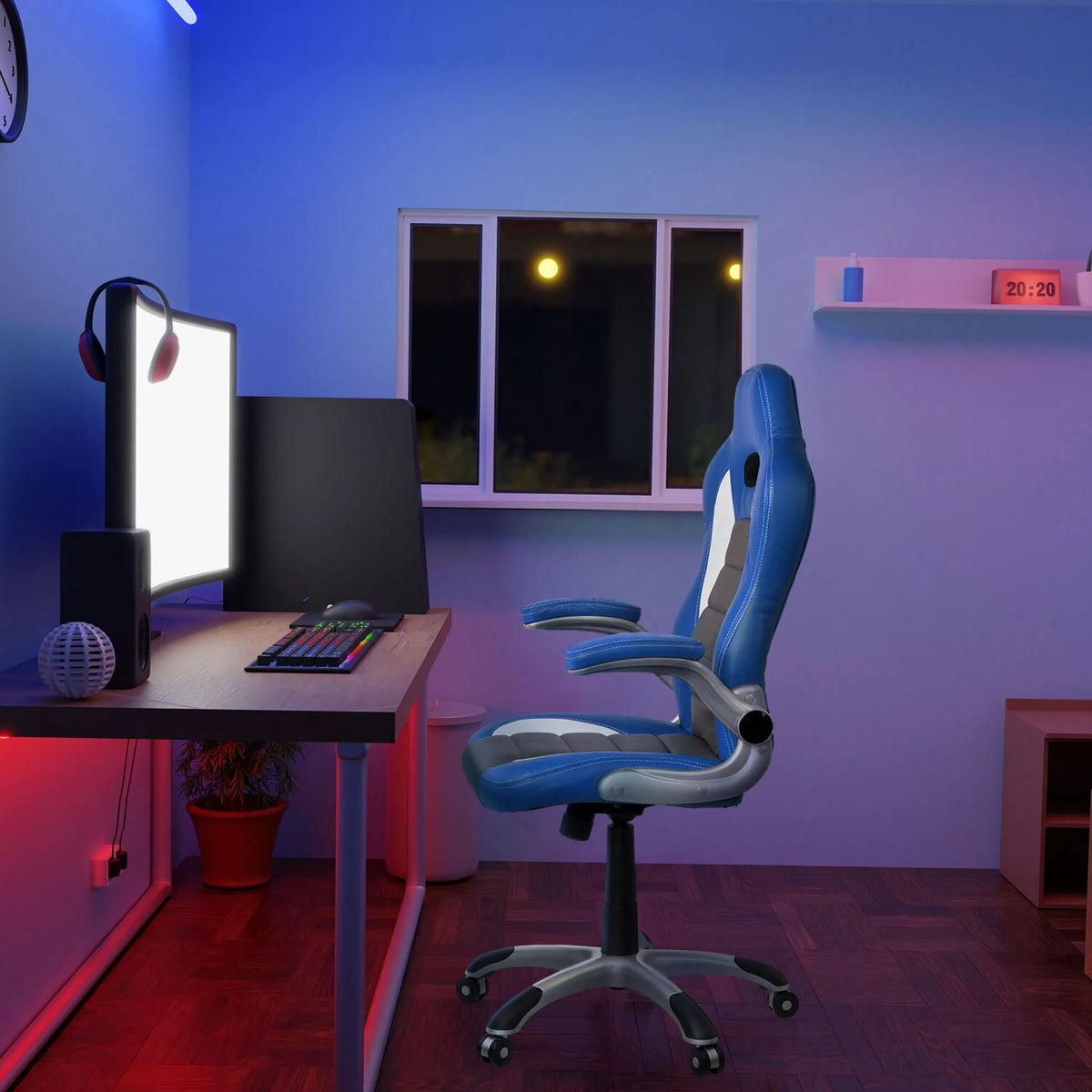Sinivalkoinen Pelituoli GAME SPORT, jossa on korkea selkänoja ja käsinojat, valmistaja hjh OFFICE