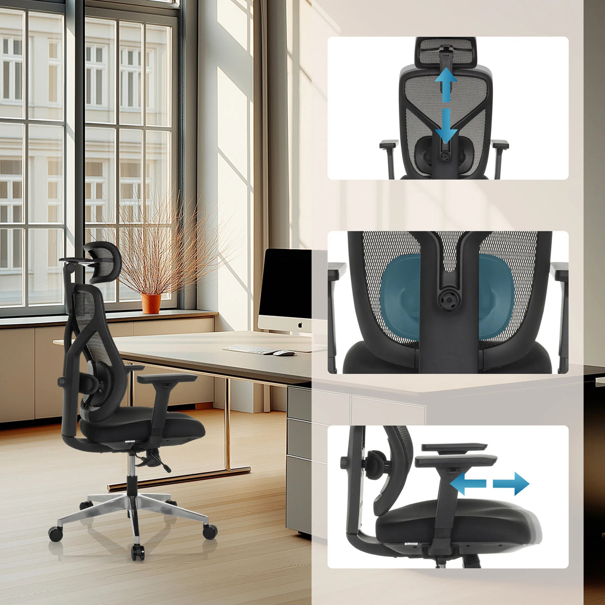 Korkeussäädettävä niskatuki, ristiselkätuki ja istuin High End -toimistotuoli CASSILIS B valmistaja hjh OFFICE