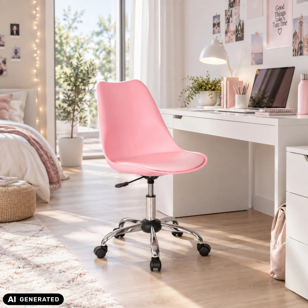 Vaaleanpunainen Home Office -toimistotuoli FANCY PRO, jossa on kiiltävä metallinen tähtijalka, valmistaja hjh OFFICE