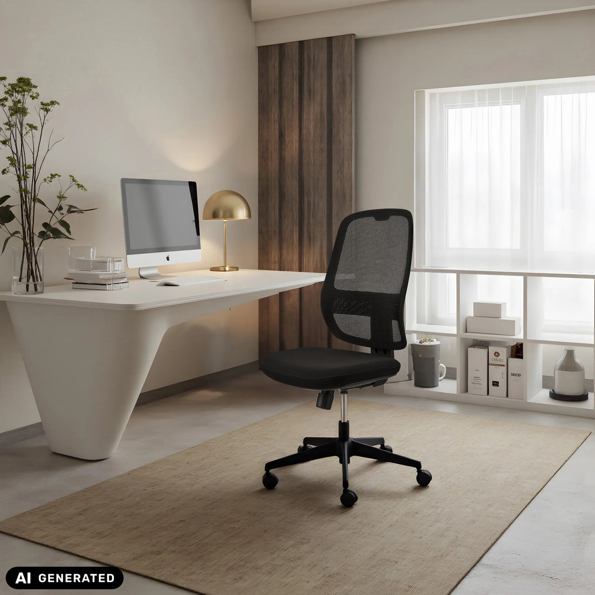 Musta ammattitason toimistotuoli Minoro B verkkoselkänojalla valoisassa kotitoimistossa, valmistaja hjh OFFICE (tekoälyllä luotu kuva)