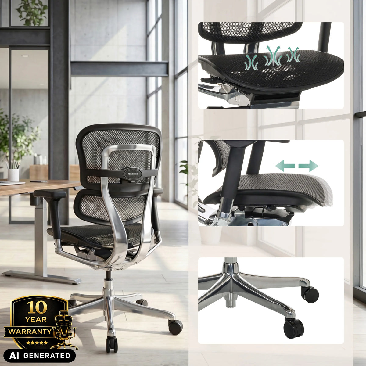Luksustoimistotuoli ERGOHUMAN BASE GEN2 verkkoverhoilulla ja säädettävällä istuimella, valmistaja hjh OFFICE (tekoälyllä luotu kuva)