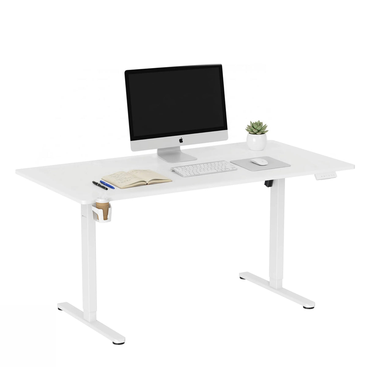 Sähköisesti säädettävä työpöytä Worktime valkoisena näyttöineen, näppäimistöineen ja mukitelineineen, valmistaja hjh OFFICE