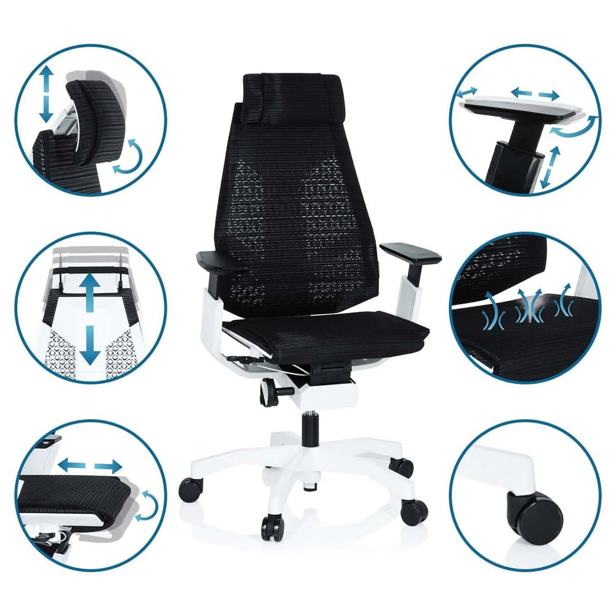 High End -toimistotuoli GENIDIA PRO WHITE mustana, eri säätömahdollisuuksilla ja yksityiskohtakuvilla, valmistaja hjh OFFICE