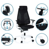 High End -toimistotuoli GENIDIA PRO WHITE mustana, eri säätömahdollisuuksilla ja yksityiskohtakuvilla, valmistaja hjh OFFICE