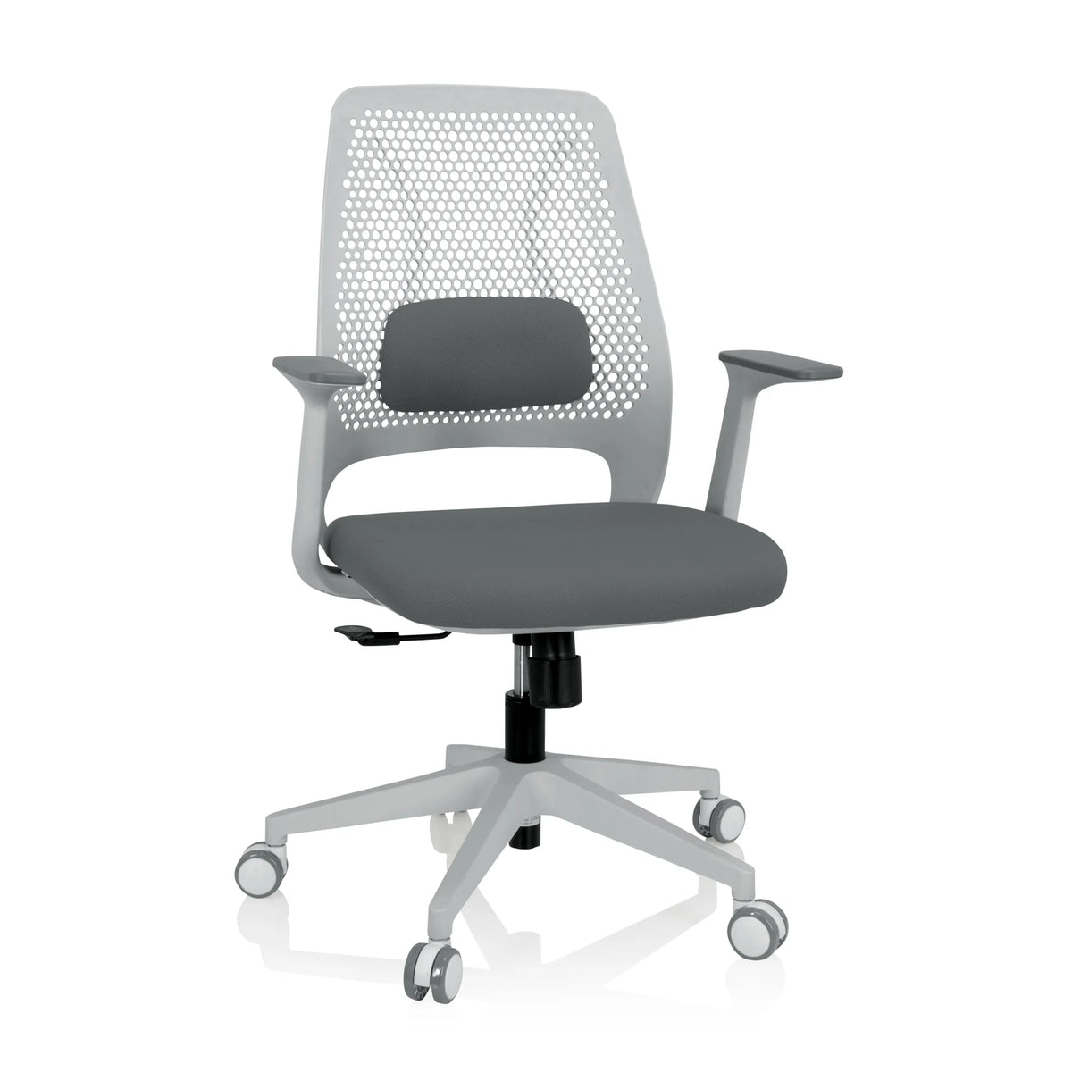 Harmaa Home Office -toimistotuoli PARFERIO W verkkoselkänojalla ja viisipyöräisellä jalustalla, valmistaja hjh OFFICE – 360 asteen näkymä (etunäkymä 20°)
