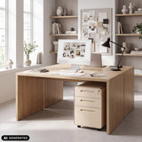 Beige metallinen COLOR PLUS I rullalaatikosto kolmella laatikolla työpöydän alla, valmistaja hjh OFFICE (tekoälyllä luotu kuva)