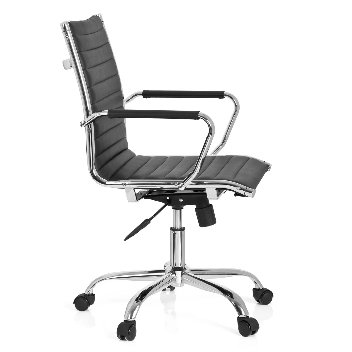 Musta Ammattitason toimistotuoli VEMONA 10 vaakatikkauksella ja viisijalkaisella rullajalustalla, valmistaja hjh OFFICE – 360 asteen näkymä (sivuprofiili 80°)