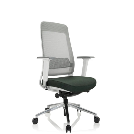 Ammattitason toimistotuoli CHIARO T2 WHITE, jossa on harmaa verkkoselkänoja, tummanvihreä istuin ja valkoinen runko, valmistaja hjh OFFICE