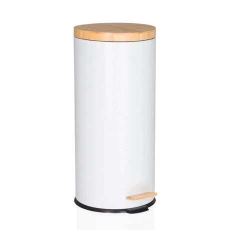 Valkoinen roskakori CLEAN BAMBOO mattapinnalla, bambukannella ja polkimella, valmistaja hjh OFFICE