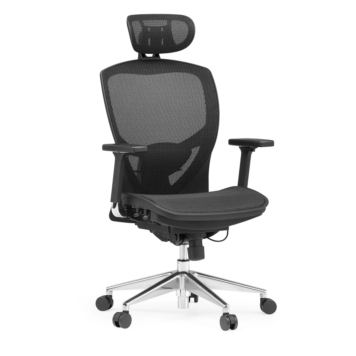 Musta High End -toimistotuoli VENUS ONE verkkoselkänojalla ja viisijalkaisella rullajalustalla, valmistaja hjh OFFICE – 360 asteen näkymä (etuviistonäkymä 30°)
