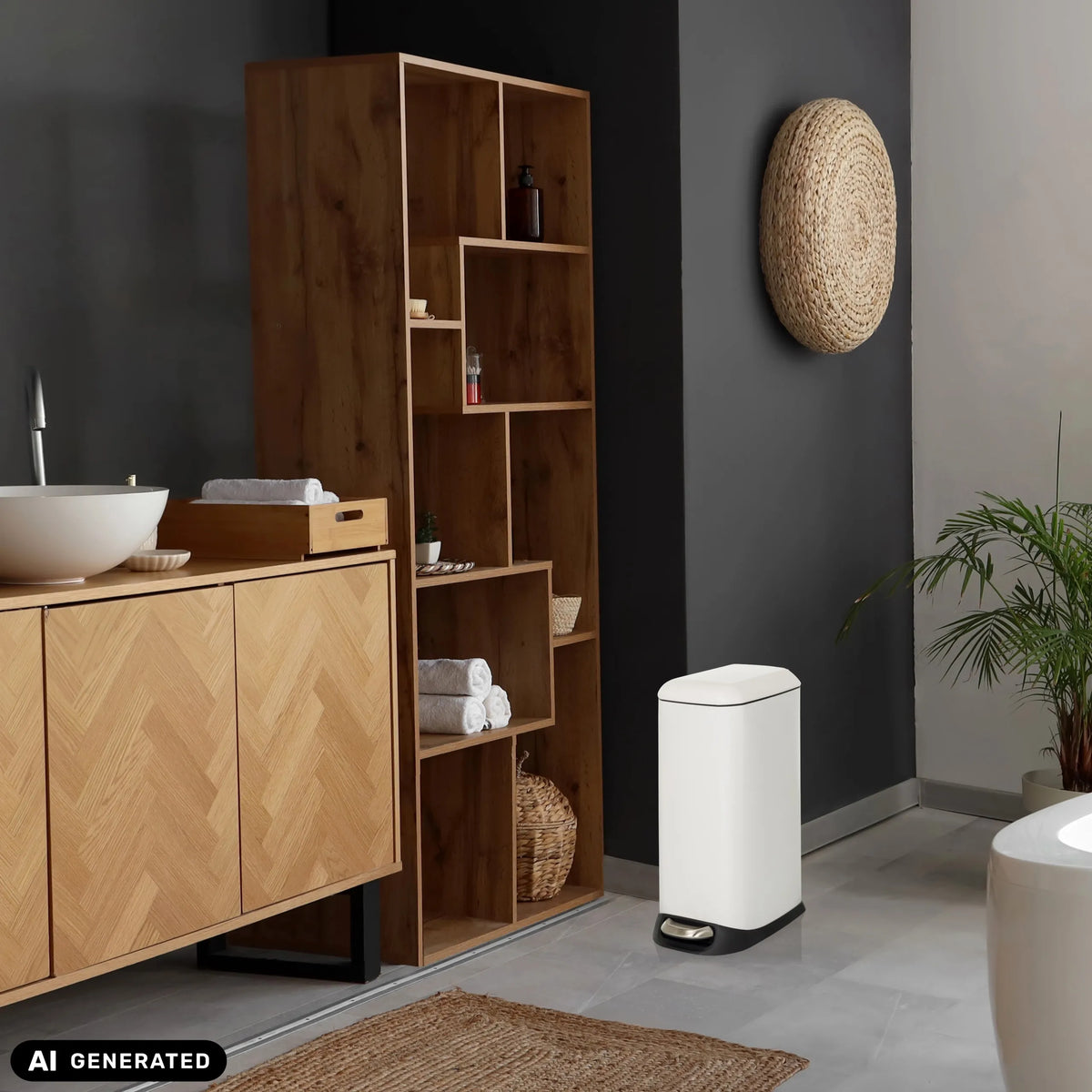 Valkoinen CLEAN SLIM-roskakori, tilavuus 20 litraa, valmistaja hjh OFFICE (tekoälyllä luotu kuva)