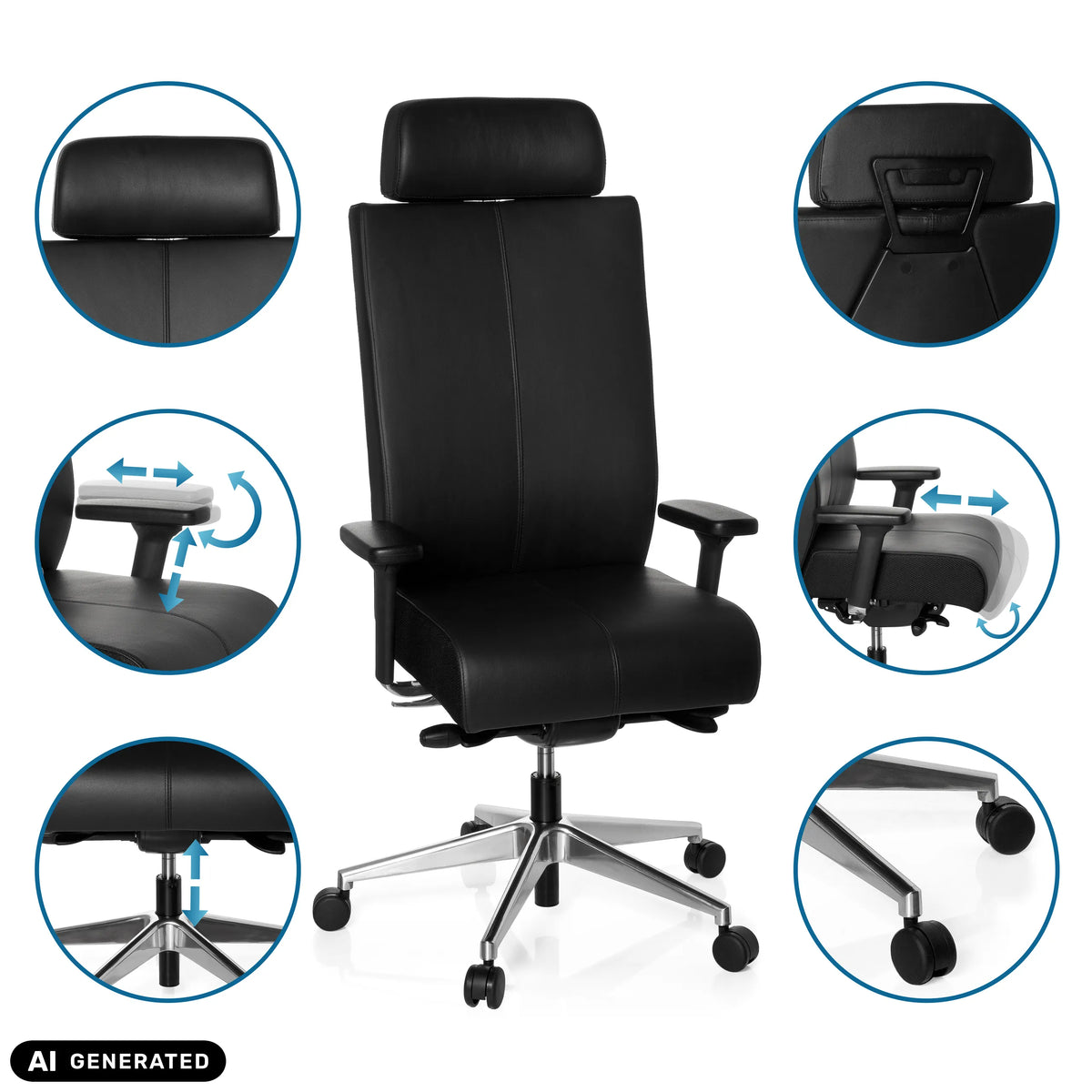 Ammattitason toimistotuolin PRO-TEC XXL säädettävät toiminnot mustana, valmistaja hjh OFFICE (tekoälyllä luotu kuva)