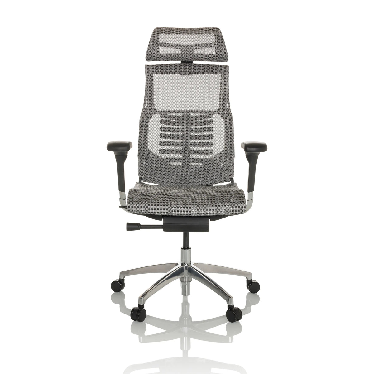 Vaaleanharmaa High End -toimistotuoli POFIT GEN2 verkkoselkänojalla ja viisipisteisellä jalustalla, valmistaja hjh OFFICE – 360 asteen näkymä (etunäkymä 0°)