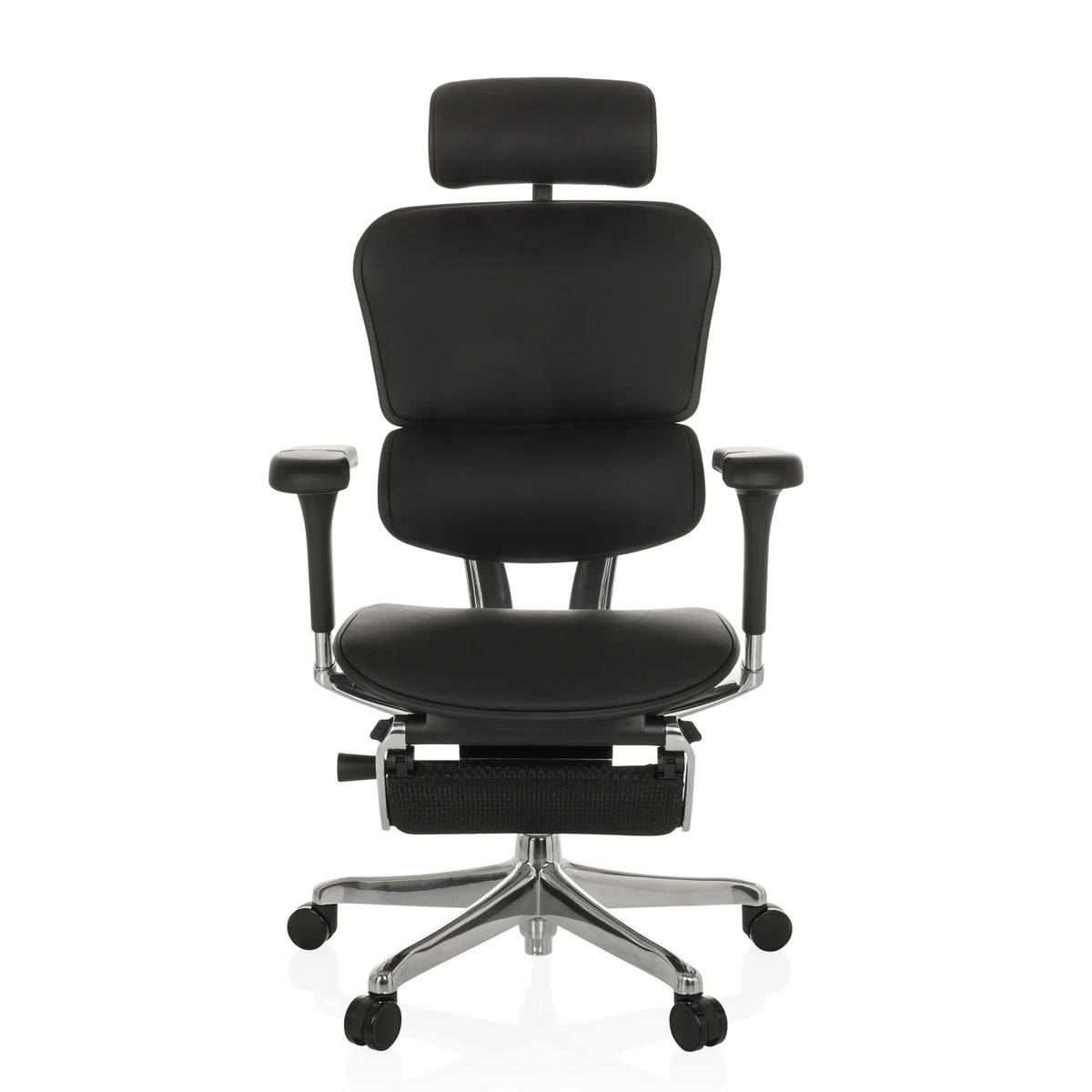 Musta Luksustoimistotuoli ERGOHUMAN PLUS LEGPRO GEN2 nahasta, jalustuella ja viidellä pyörällä, valmistaja hjh OFFICE – 360 asteen näkymä (etunäkymä 0°)