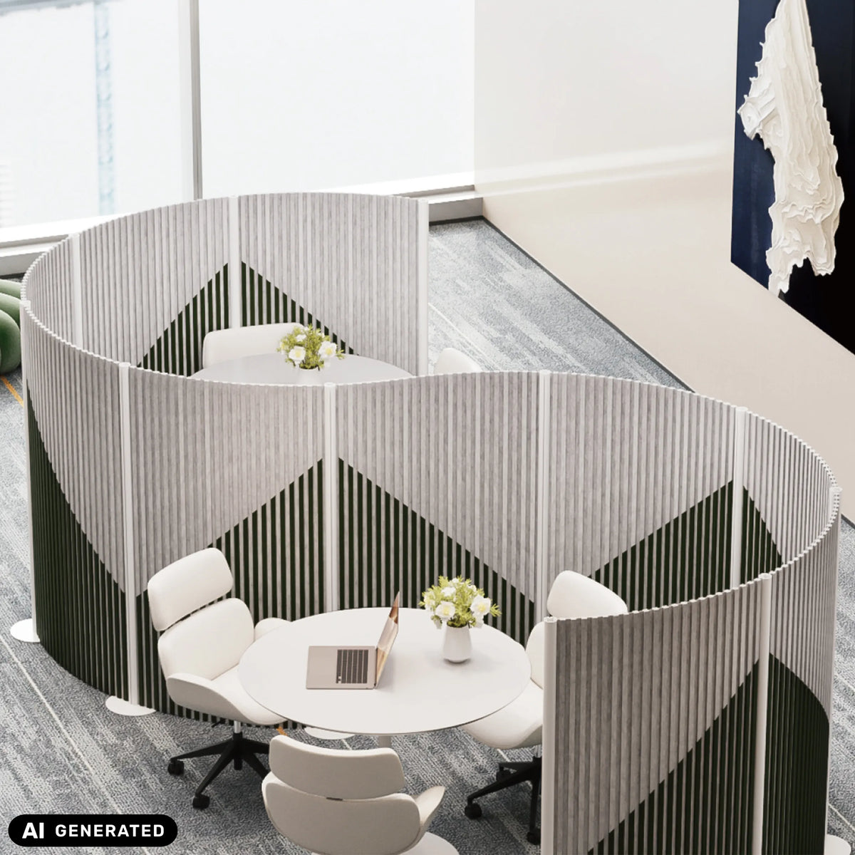 Harmaat Flexmiut Wave-väliseinät näkö- ja äänisuojalla ja geometrisella kuviolla, valmistaja hjh OFFICE (tekoälyllä luotu kuva)