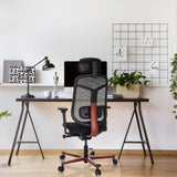 High End -toimistotuoli BICOLORE HIGH mustana ja punaisena verkkoselkänojalla, valmistaja hjh OFFICE