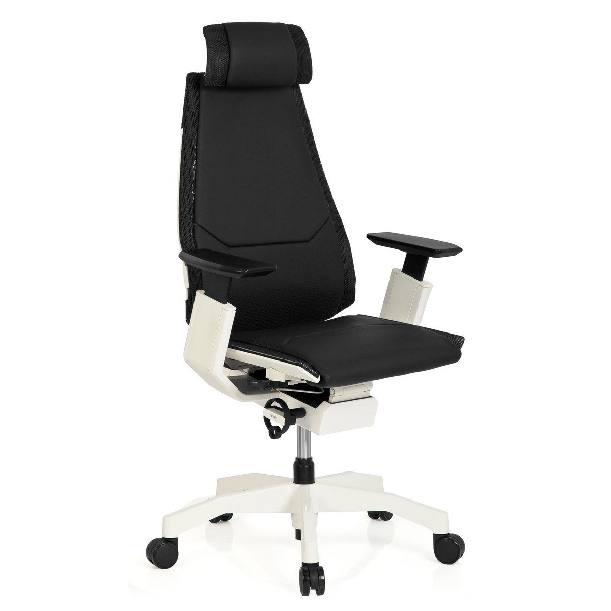Schwarzer High-End-Bürostuhl GENIDIA PRO WHITE aus Leder mit weißem Fußkreuz und fünf Rollen von hjh OFFICE – 360-Grad-Ansicht (schräge Frontansicht 40°)
