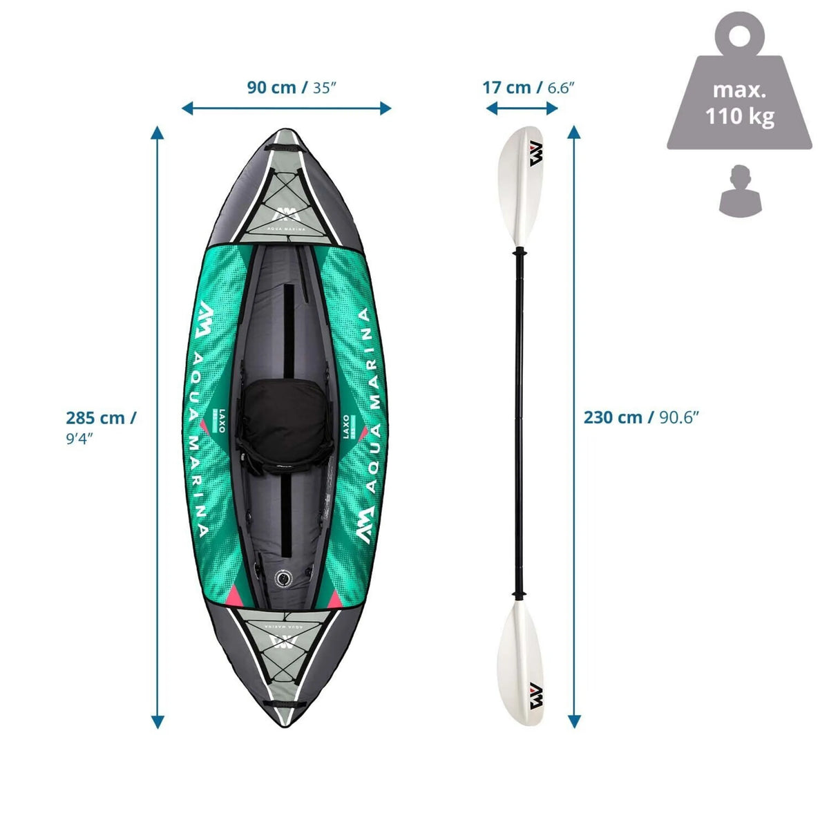 Ilmalla täytettävä kajakki LAXO-285 (285 × 90 cm) tekninen piirustus, valmistaja Aqua Marina