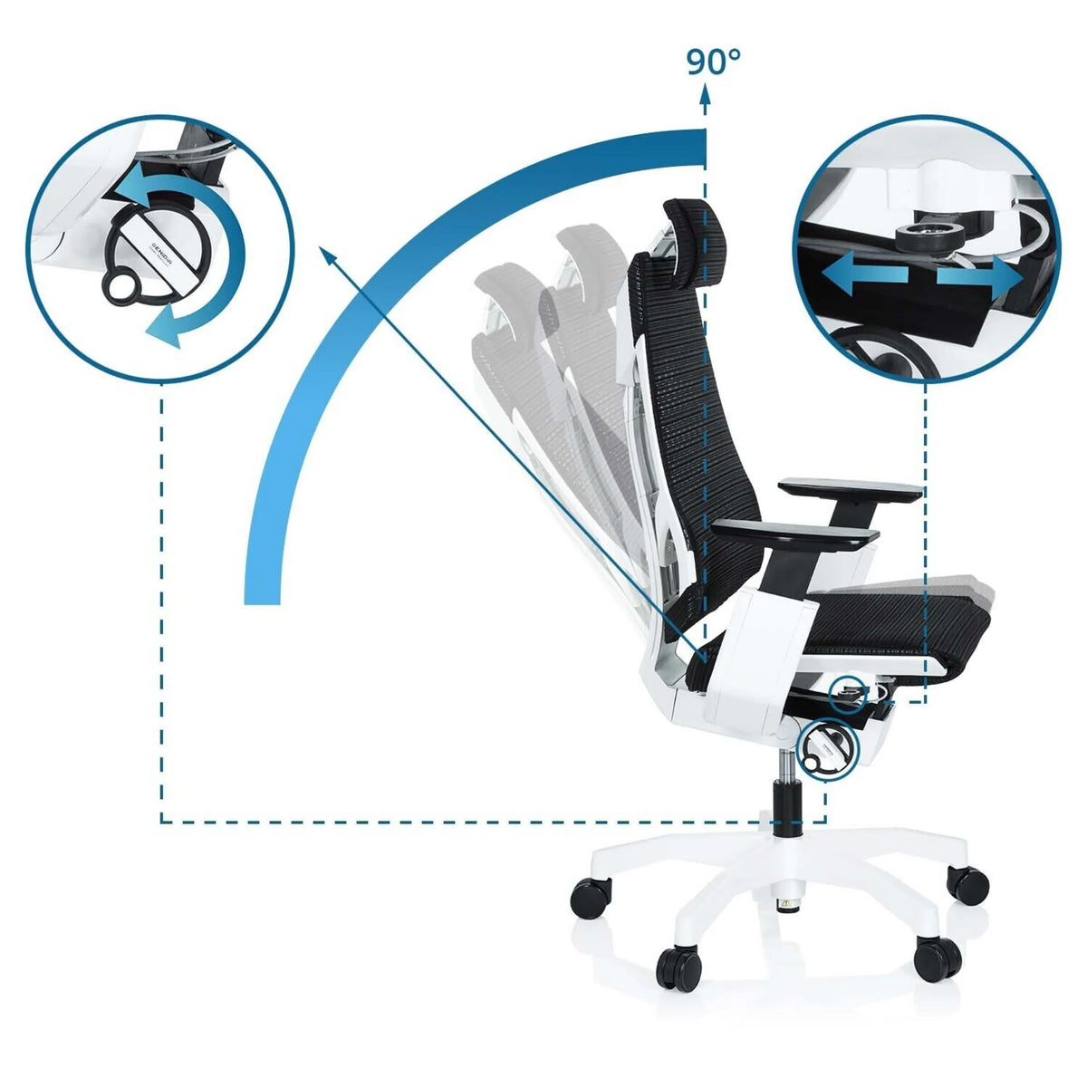 Säädettävä selkänoja, jonka kallistuskulma on jopa 90 astetta, High End -toimistotuoli GENIDIA PRO WHITE, valmistaja hjh OFFICE