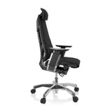 Musta High End -toimistotuoli GENIDIA PRO kangasverhoilulla ja viisisakaraisella rullajalalla, valmistaja hjh OFFICE – 360 asteen näkymä (sivuprofiili 80°)