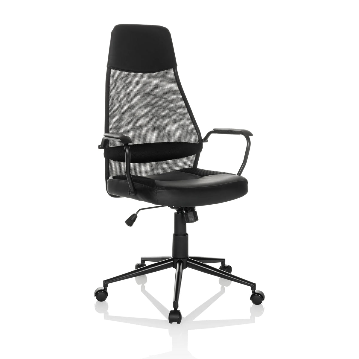 Musta Home Office -toimistotuoli MARCOZ verkkoselkänojan ja viisijalkaisen rullajalustan kanssa, valmistaja MyBuero – 360 asteen näkymä (etuviistonäkymä 30°)